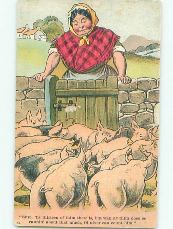 Pre-Linen Comic FARM WOMAN LOOKING AT MANY PIGS AB8811