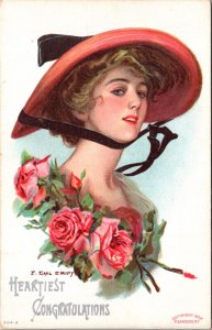 F. Earl Christy Postcard Heartiest Congratulations Beautiful Woman with Roses