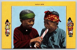 Native Americana~Navajo Boys W/ Peppermint Stick Candy~EC Kropp Vintage Postcard