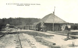 Harrison ME B. S. R. Station & Narrow Gauge Train Postcard 
