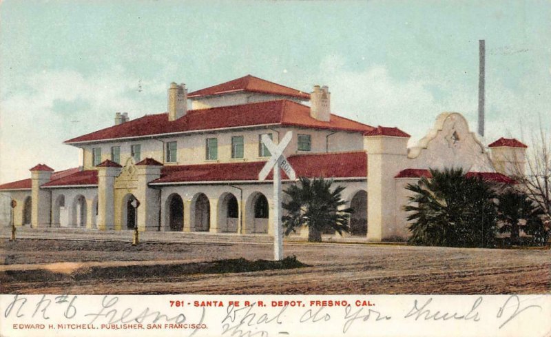 SANTA FE RAILROAD DEPOT Fresno, CA Train Station 1908 Mitchell Vintage Postcard
