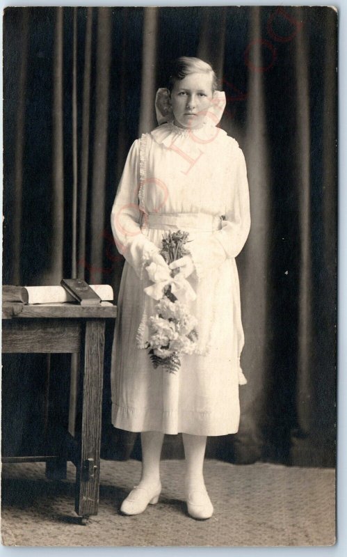 ID'd c1910s Masculine Short Hair Young Lady RPPC Confirmation Real Photo PC A123