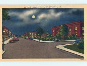 Unused Linen OLD CARS & NIGHT VIEW OF MAIN STREET Rutherfordton NC Q9049@