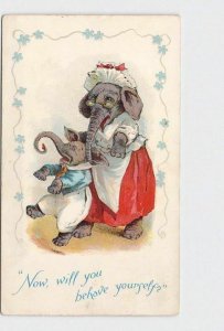 ANTIQUE POSTCARD ANTHROPOMORPHIC ELEPHANT MOTHER WITH CHILD 'NOW WILL YOU BEHAVE