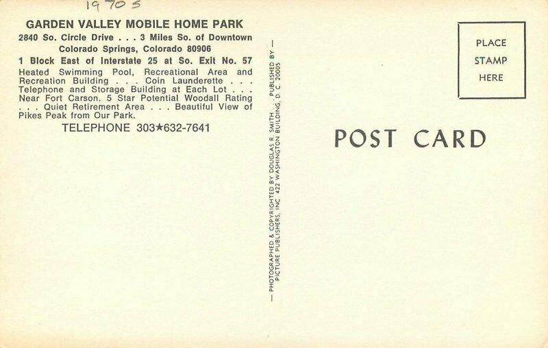 Colorado Springs Colorado Garden Valley Mobile Home Park Postcard Smith 20-1333