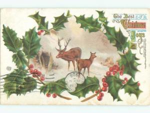 Pre-Linen christmas PAIR OF DEER IN THE SNOWY FOREST WITH HOLLY J1917