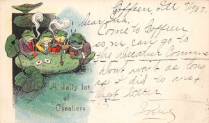 Greetings Dressed Frogs Playing Cards Smoking Tobacco Vintage Postcard AA67348