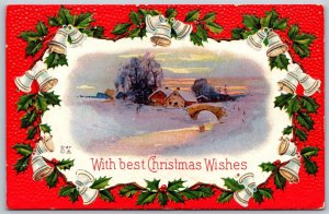 Vtg Christmas Wishes Greeting Silver Bells Holly Farm Embossed 1910s Postcard