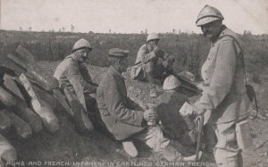 HUNS & FRENCH INFANTRY IN CAPTURED GERMAN TRENCH WW1 MILITARY POSTCARD (c. 1917)