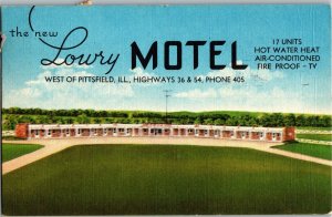 New Lowry Motel Pittsfield IL Hwy 36 & 54 c1956 Vintage Linen Postcard C20