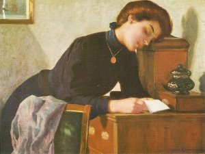 Joan Llimona. Girl dressed in black Fine art, painting, modern Spanish postcar