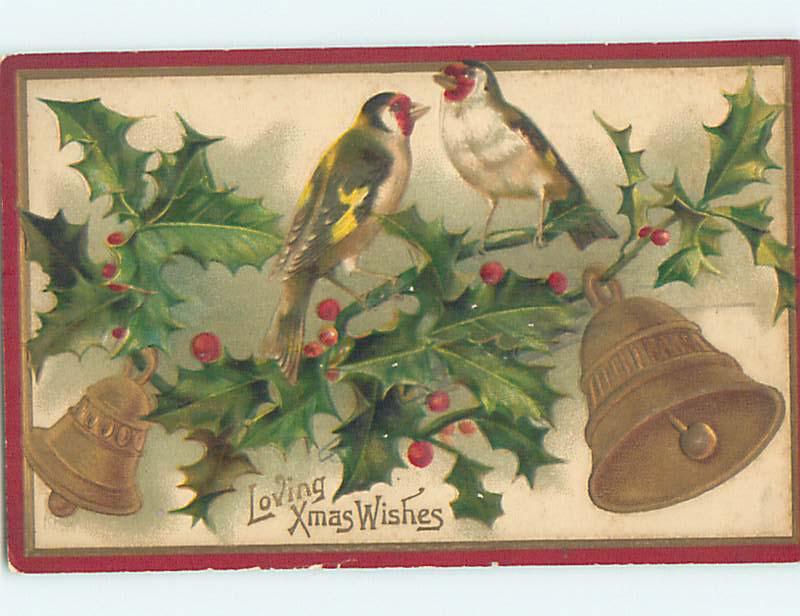 Pre-Linen christmas BEAUTIFUL BIRDS SIT IN THE HOLLY WITH BELLS hr2725