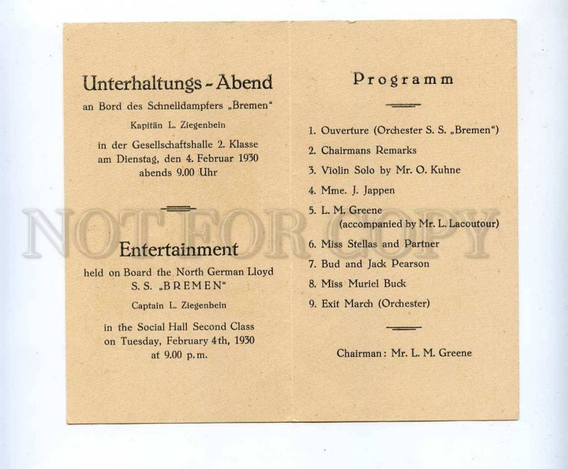 197142 Nord Deutscher LLOYD Invitation to concert ship BREMEN