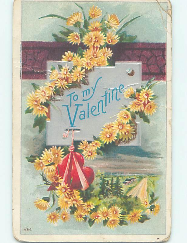 Divided-Back Valentine HEART HANGS FROM PINK RIBBON WITH YELLOW FLOWERS o5205