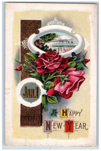 Olympia Washington WA Postcard New Year Roses Flowers Jan 1 Embossed 1913 Posted
