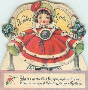 Die Cut Stand up Valentine Greetings, Little Girl in Hat & Big Red Dress 1920s?