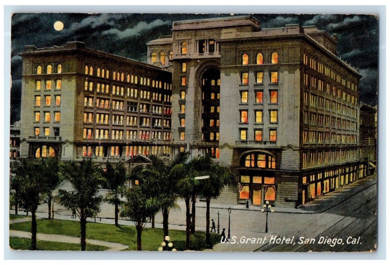 1911 US Grant Hotel At Moon Night Building View Restaurant San Diego CA Postcard 