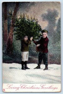c1910's Christmas Greetings Children Pine Tree Snow Winter Tuck Antique Postcard