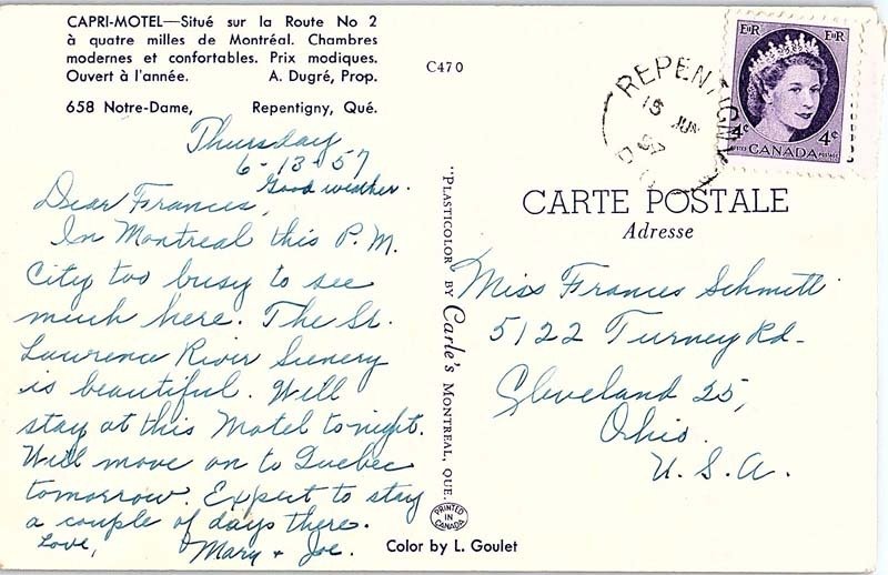 Postcard MOTEL SCENE Repentigny Quebec QC AI7524