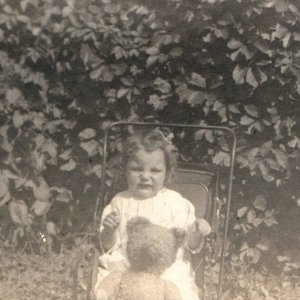 c1910s Cute Baby Girl Teddy Bear RPPC Stroller Angry Goofy Face Child Photo A174