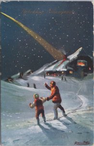 Happy New Year People In The Snow Vintage Postcard C193