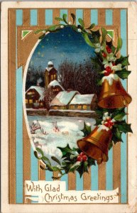 Mery Christmas With Gold Bells and Holly