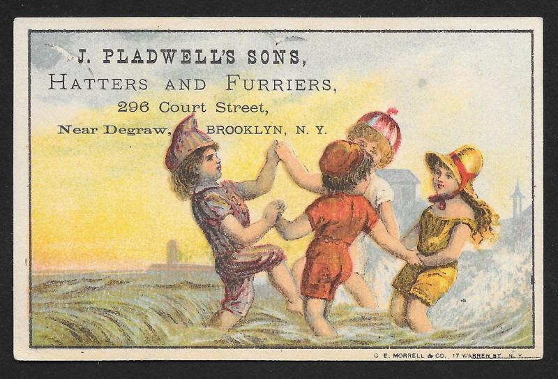 VICTORIAN TRADE CARD J Pladwells Sons Hatters & Furriers Kids Playing at Water