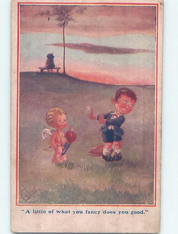 Pre-Linen Valentine signed TULSON - CUPID WANTS BOY TO SEE GIRL ON HILL HL5165