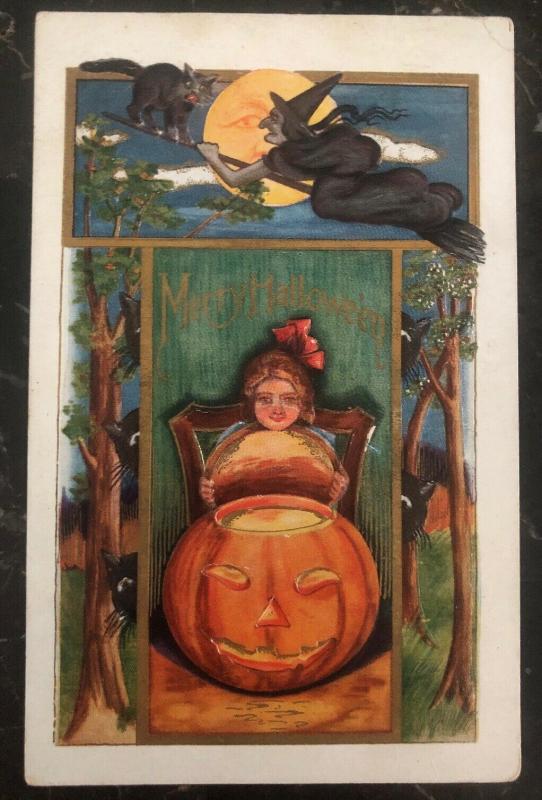 Mint Vintage USA Picture Postcard PPC  Merry Halloween Girl And Pumpkin