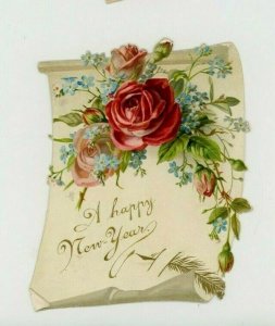 1891 Victorian Die-Cut New Year's Card Letter Roses Feather P216