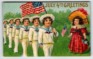4th Of July Postcard Sailor Boys With US Flags Girl Vintage Embossed Unposted