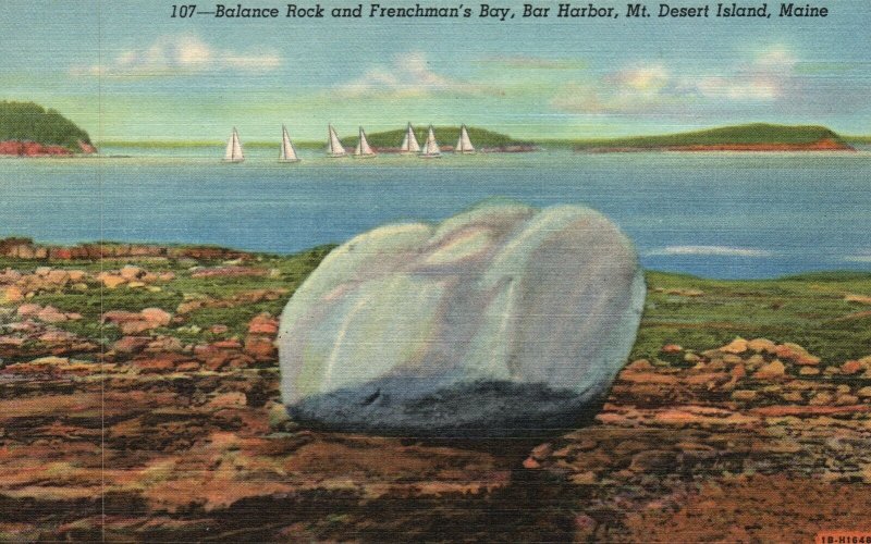 Vintage Postcard Balance Rock & Frenchman's Bay Bar Harbor Mt. Desert Island ME