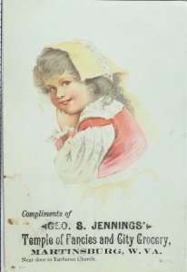 1870's-80's Geo. S. Jennings' Grocer, Cute Girl Victorian Trade Card F103