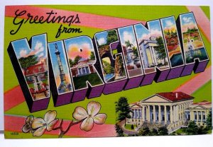 Greetings From Virginia Large Big Letter Linen Postcard Buildings Flowers Unused