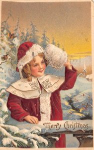 Merry Christmas, Child In Snow With Muff, Embossed, Vintage Postcard U17889