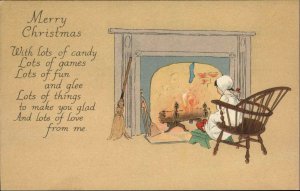 Christmas Little Girl Beside Fire Waits for Santa Claus Vintage Postcard