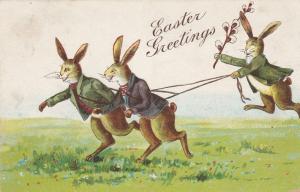 Rabbit Chasing Two Rabbits with Pussy Willow Whip - Easter Greetings - DB