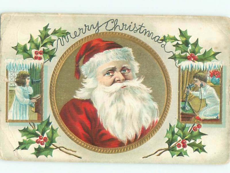 Pre-Linen Christmas KIDS USE ANTIQUE TELEPHONES TO SANTA CLAUS AB4486