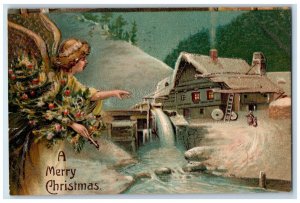 c1910's Christmas Tree Angel House Winter Mill Embossed Middletown CT Postcard