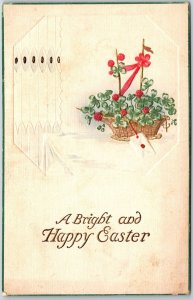 A Bright And Happy Easter Lucky 4 Leaf Clover In Basket Greetings Postcard