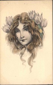 Paganism Beautiful Woman Art Nouveau Flowers in Hair MM Vienne c1900 Postcard