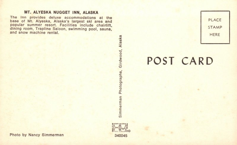 Postcard Mt. Alyeska Nugget Inn Deluxe Accommodation Snow Ski Area Alaska