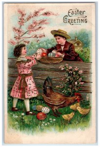 c1910's Easter Greeting Children Eggs Chicken Rooster Chicks Embossed Postcard 