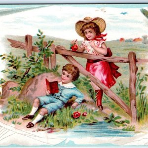 c1880s Cute Boy Reading Girl Flower Fence Nature Trade Card Fancy Border C35