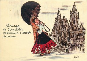 Postcard Europe Spain Santiago de Compostela drawing ethnic costumes tradition