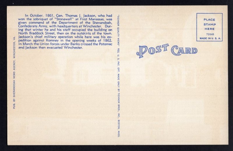 Virginia WINCHESTER Stonewall Jackson's Headquarters - LINEN