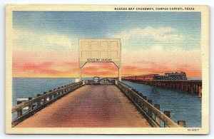 1940s CORPUS CHRISTI TEXAS NUECES BAY CAUSEWAY TRAIN TRACKS LINEN POSTCARD P2403