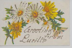 Greetings From Lucille white and yellow daisies glittered antique pc Z29529 