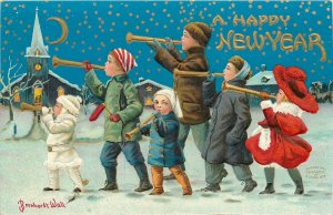 c1910 Happy New Year Children Horns artist impression Postcard 25-11169