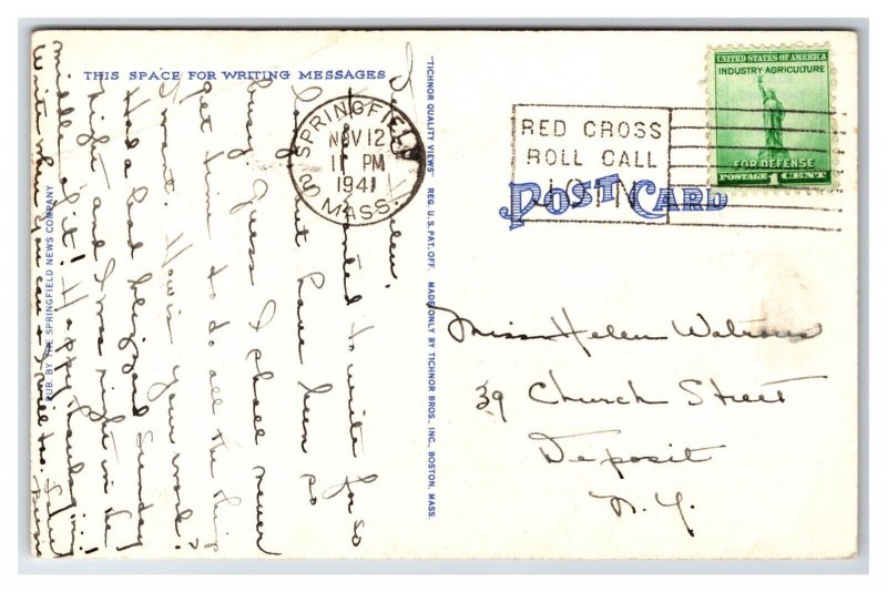 Springfield College Springfield Massachusetts MA Linen Postcard Y13
